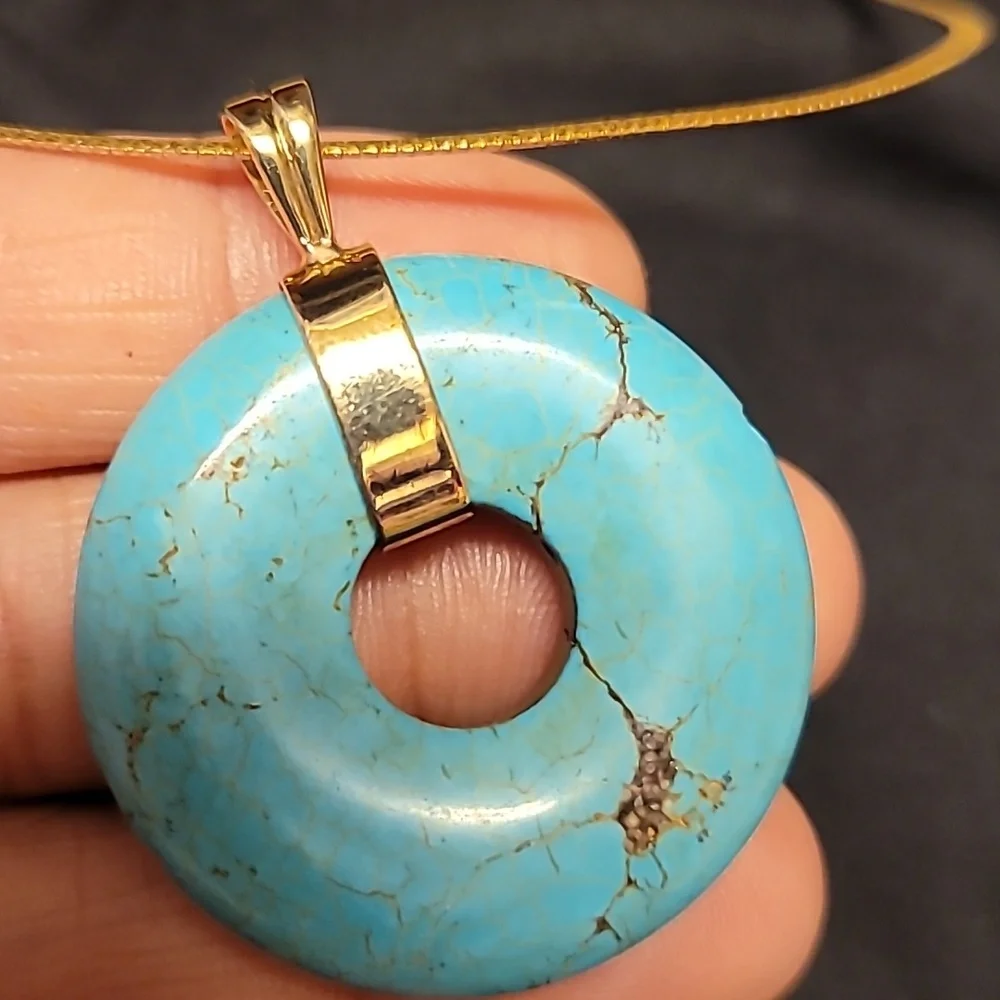 14k Vintage Huge  Turquoise and Gold Pendant Necklace - Picture 3 of 6